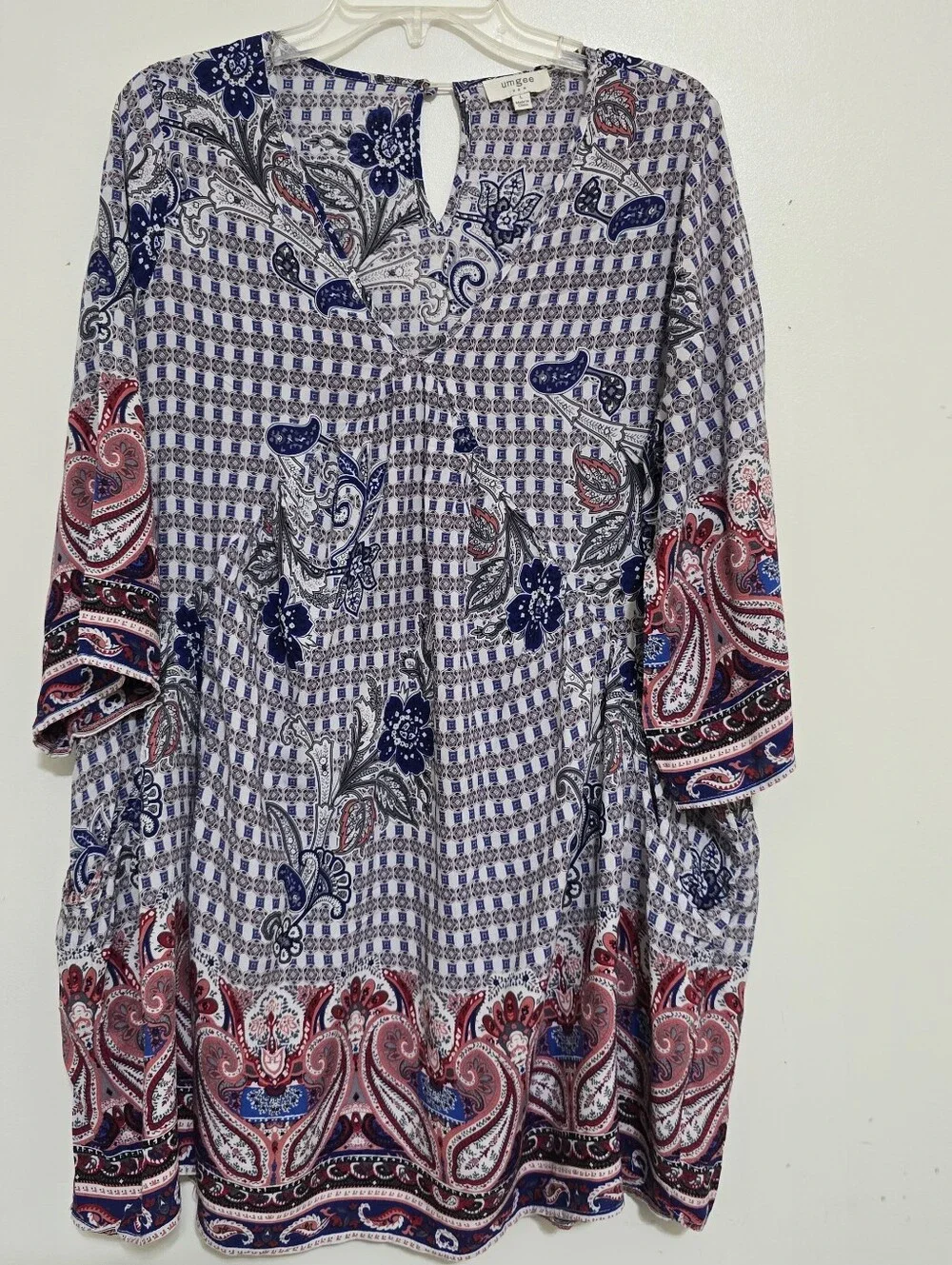 UMGEE size Large Boho Paisley V Neck 3/4 Sleeve Pocket Mini Dress Multicolor